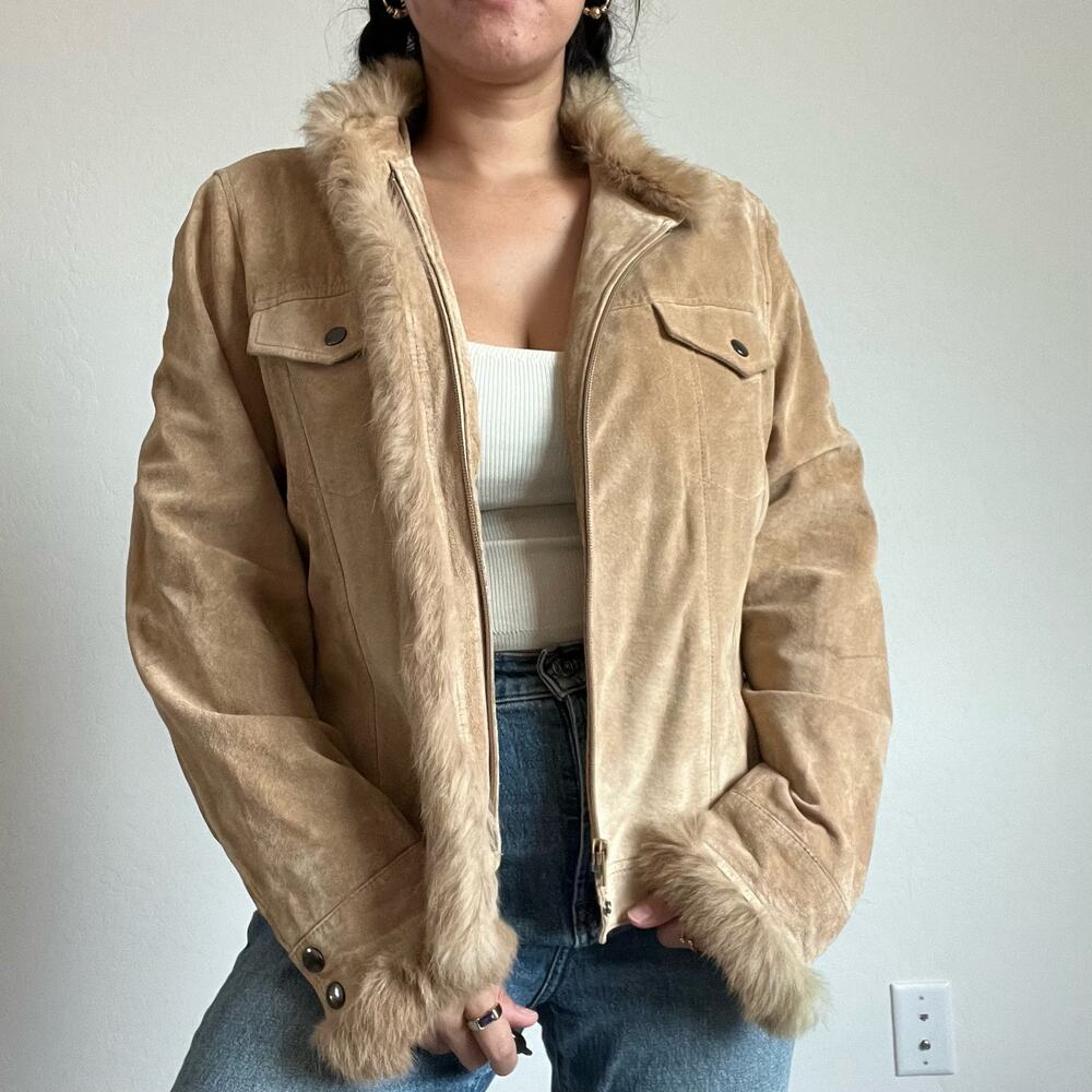 Women's Tan Suede Faux-Fur Trim Jacket